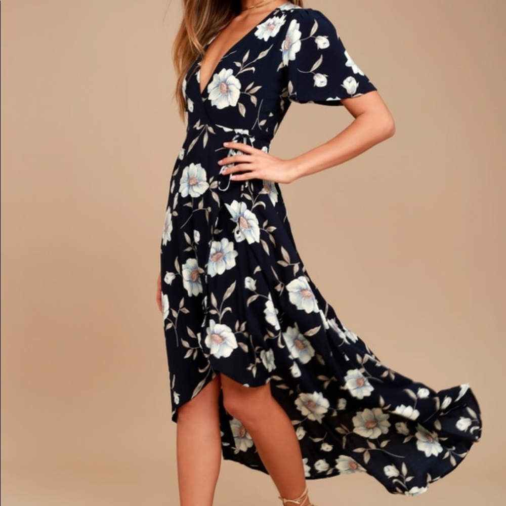 Lake Como Navy Blue Floral High-Low Wrap Dress